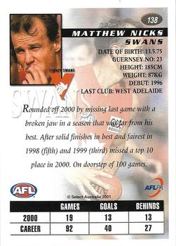 2001 Select AFL Authentic #138 Matthew Nicks Back